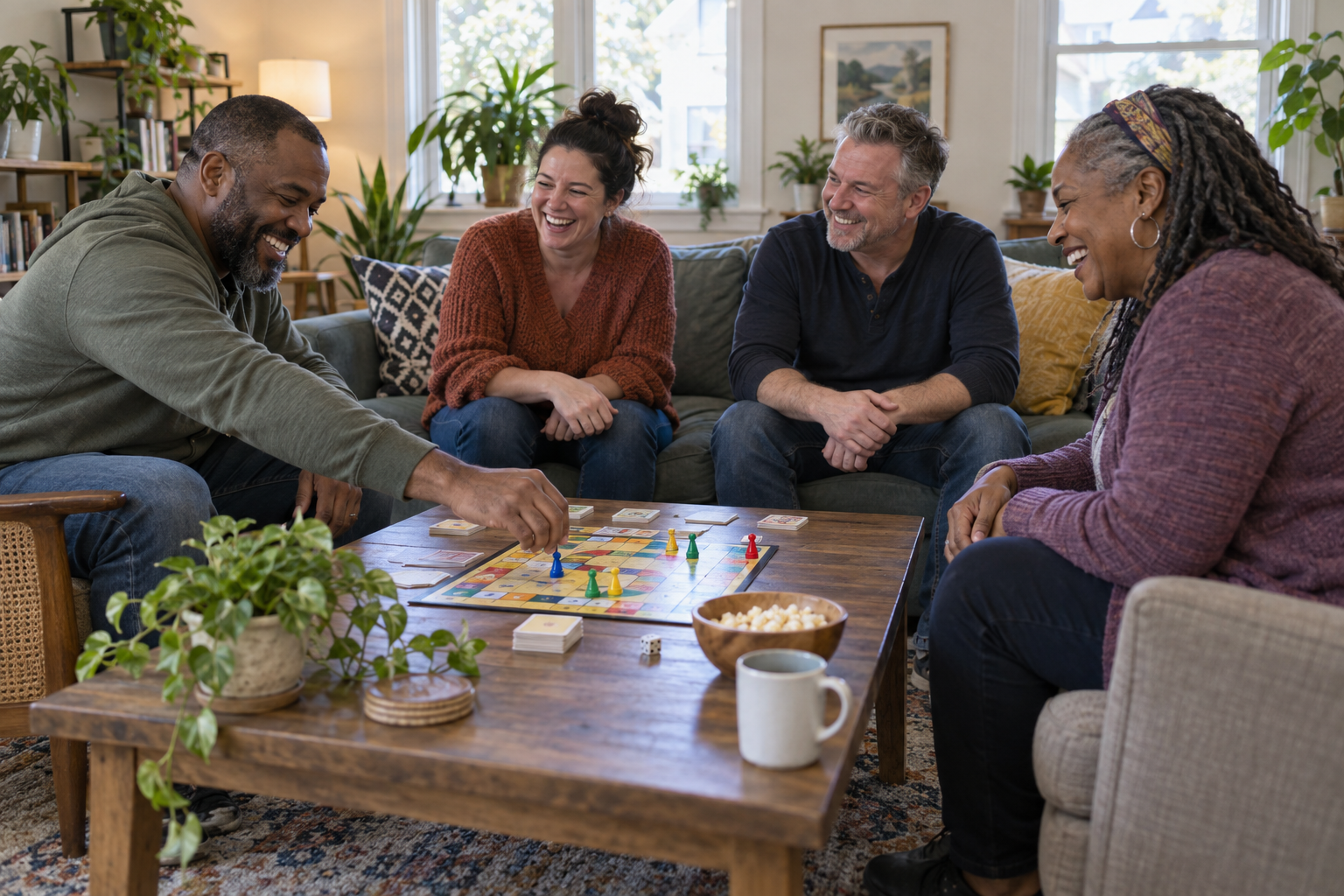 AI-generated illustration of adults enjoying a board game in a welcoming living room