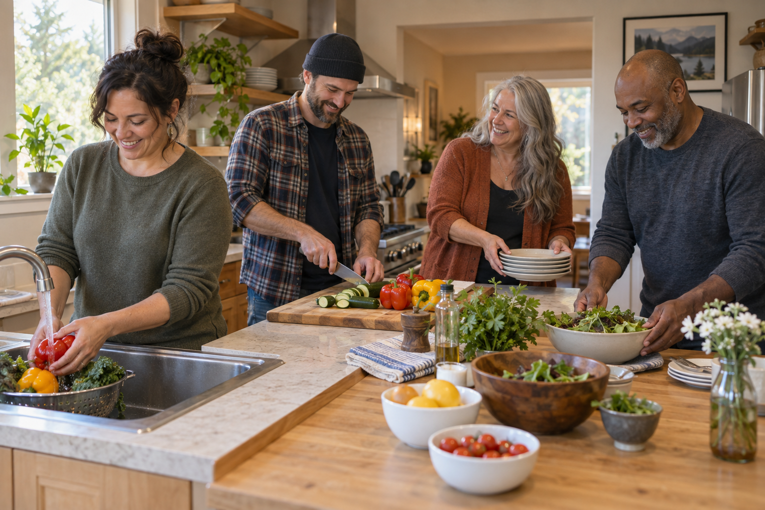 AI-generated illustration of adult housemates smiling while preparing a shared meal
