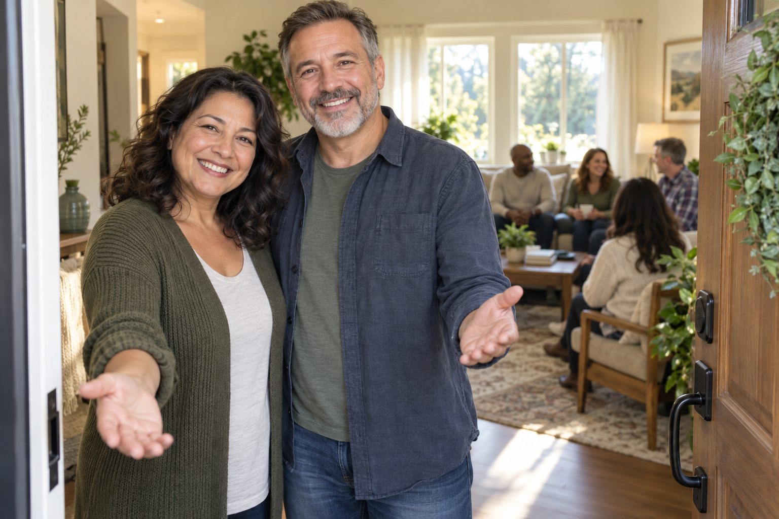 AI illustration of smiling adults welcoming you into a comfortable home